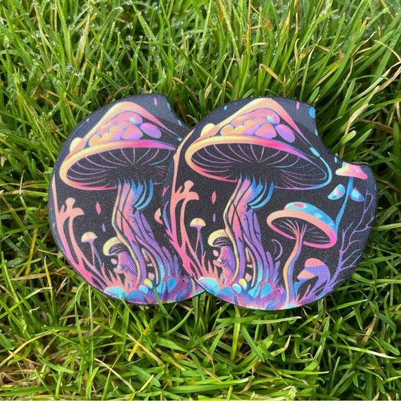 Trippy Rainbow Mushroom Car Coaster Set | Car Accessories - Picture 1 of 10